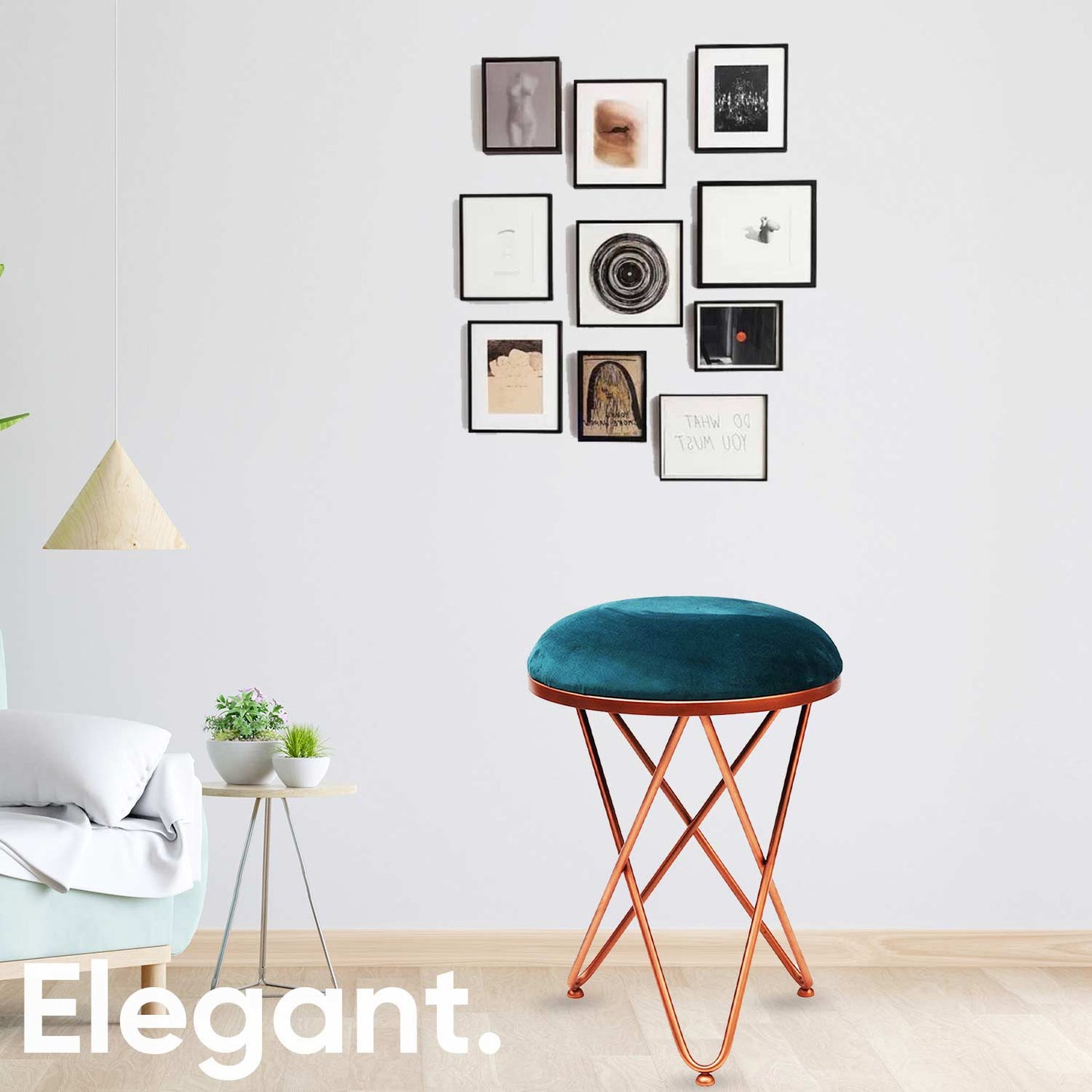 Ultra-modern Cross Leg Rose Gold Metal Stool in Teal Blue Cushion Set of 2