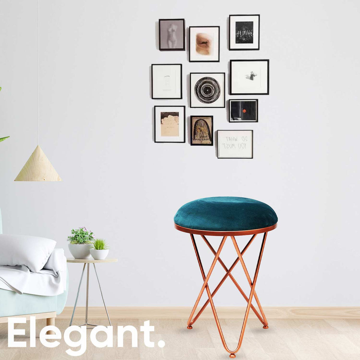 Ultra-modern Cross Leg Rose Gold Metal Stool in Teal Blue Cushion Set of 2