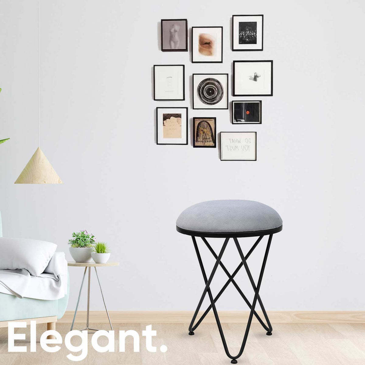 Ultra-modern Cross Leg Matt Black Metal Stool in Grey Cushion Set of 2