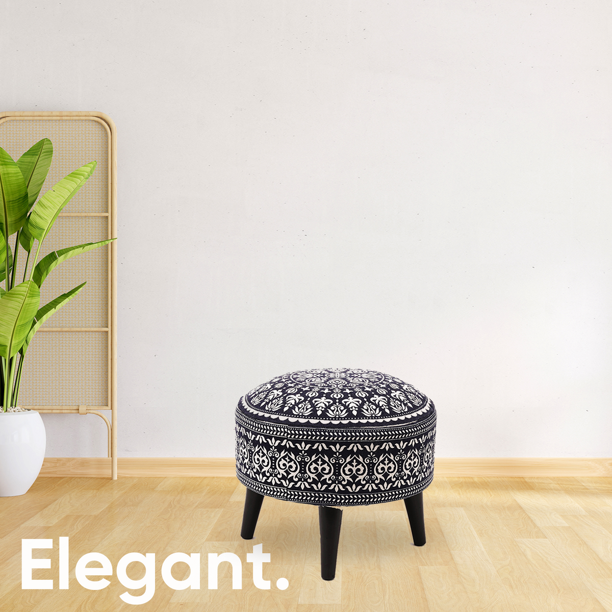 Contemporary Mandala Wooden Tuffet in Blue Color Set of 2