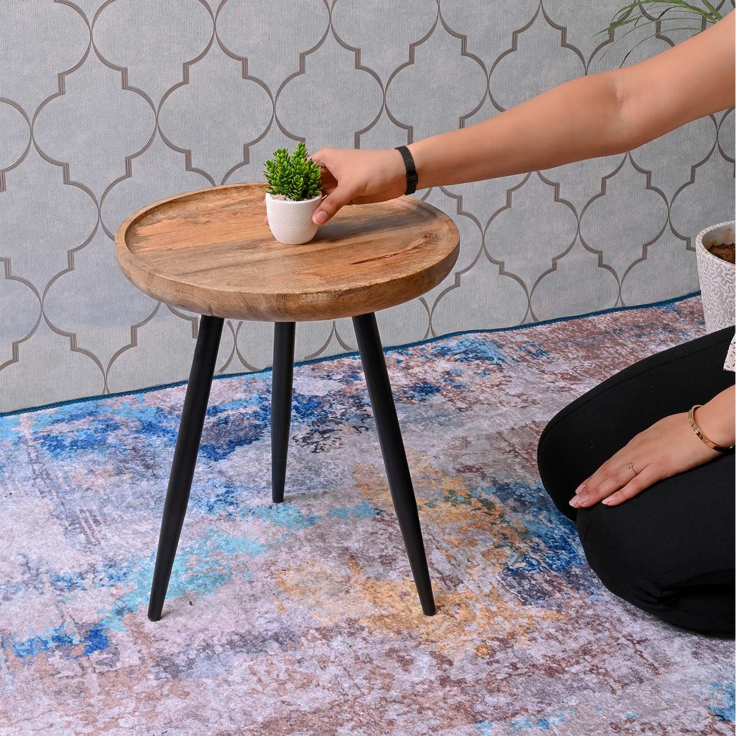 Natural Small Mango Wood & Metal Side Table