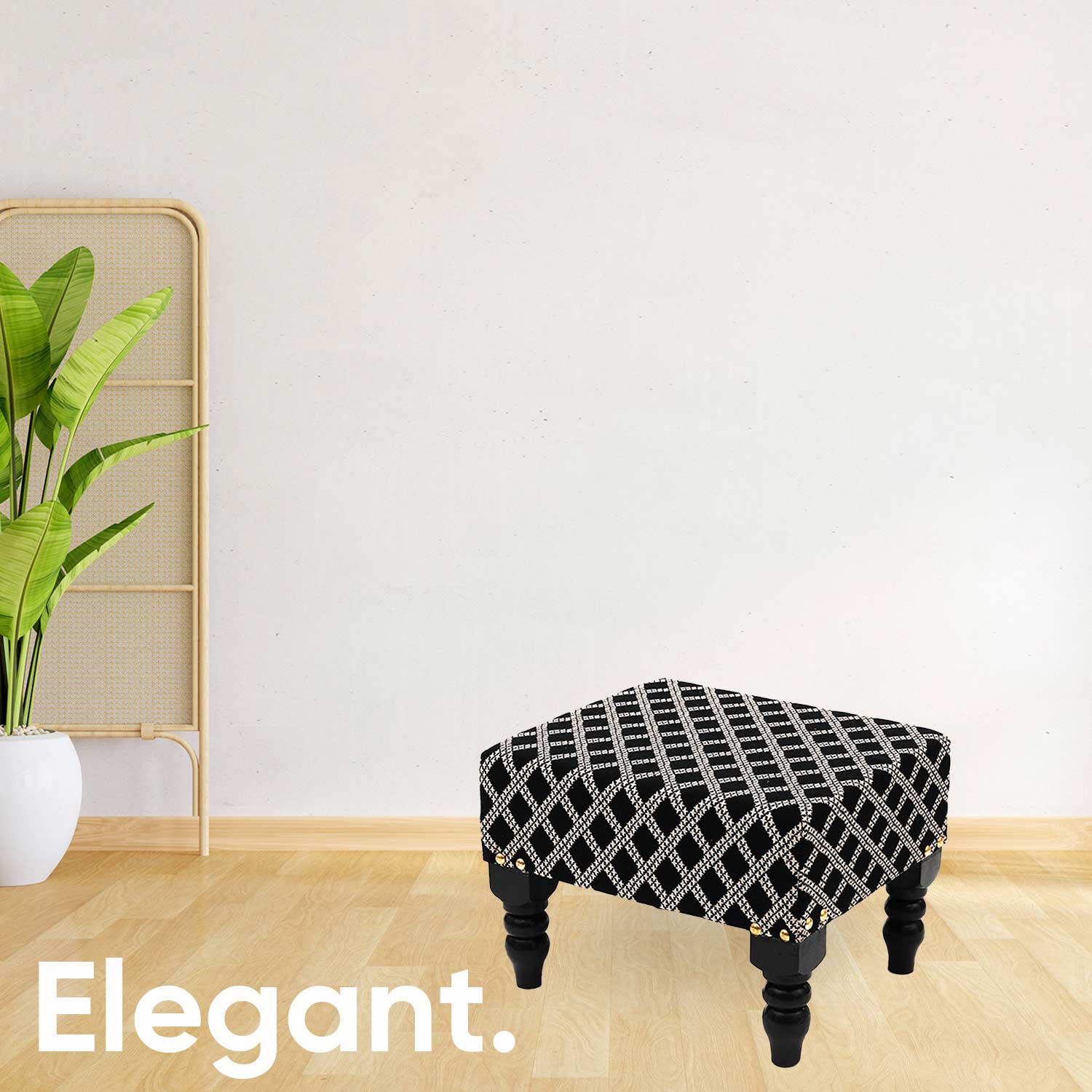 Multifunctional Tetrad Jacquard Wooden Footstool in Black Color Set of 2
