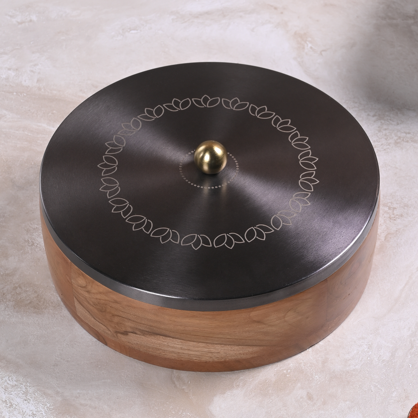 Greetwood GunMetal Lotus Wooden Masala Box for Kitchen