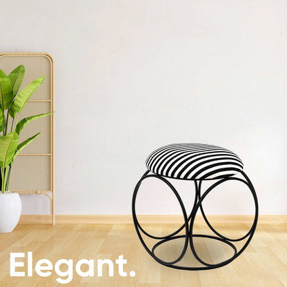 Modern Hexa-Style Matt Black Metal Stool in Black &amp; White Stripe Set of 2