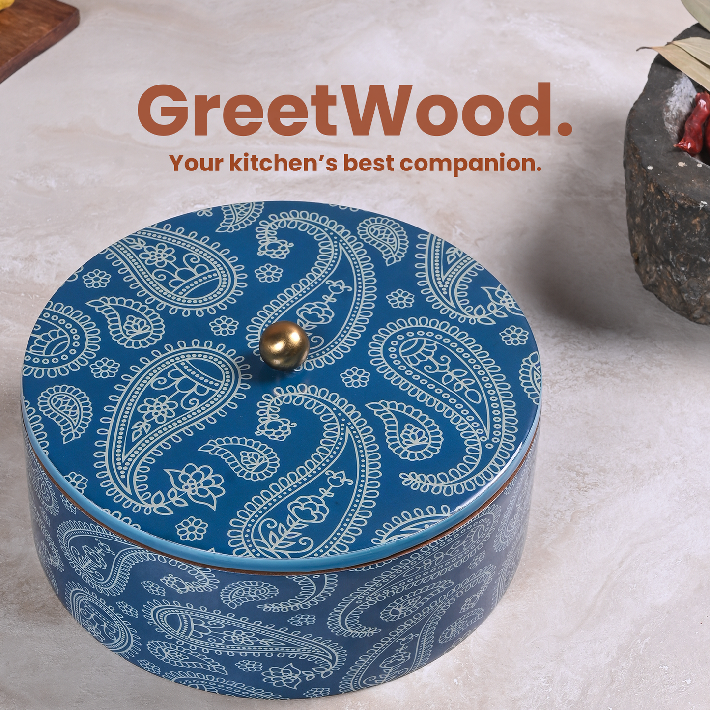 Greetwood Blue Printed Wooden Masala Box for Kitchen