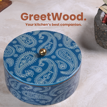 Greetwood Blue Printed Wooden Masala Box for Kitchen