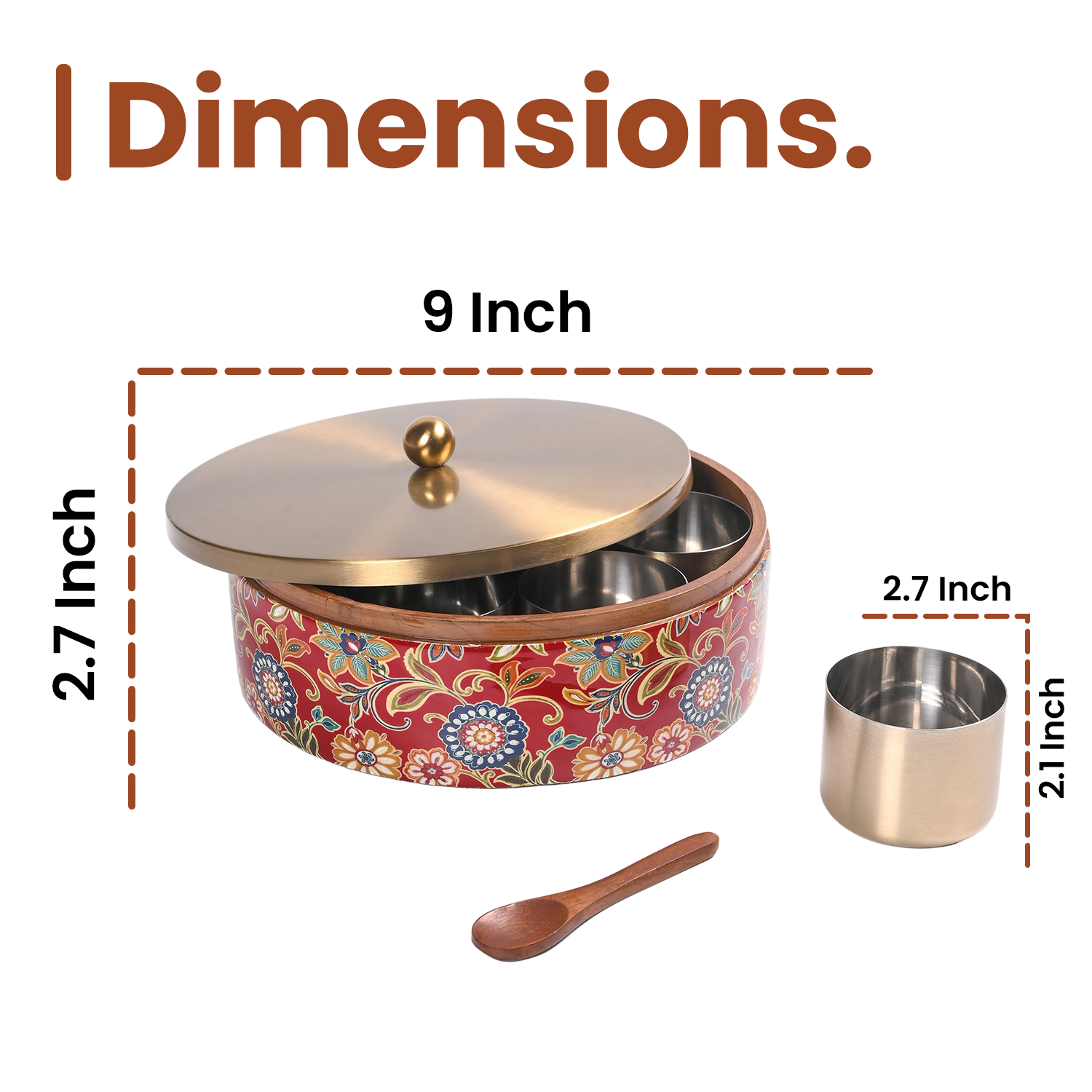 Greetwood Brass Lid Wooden Masala Box for Kitchen in Red Print