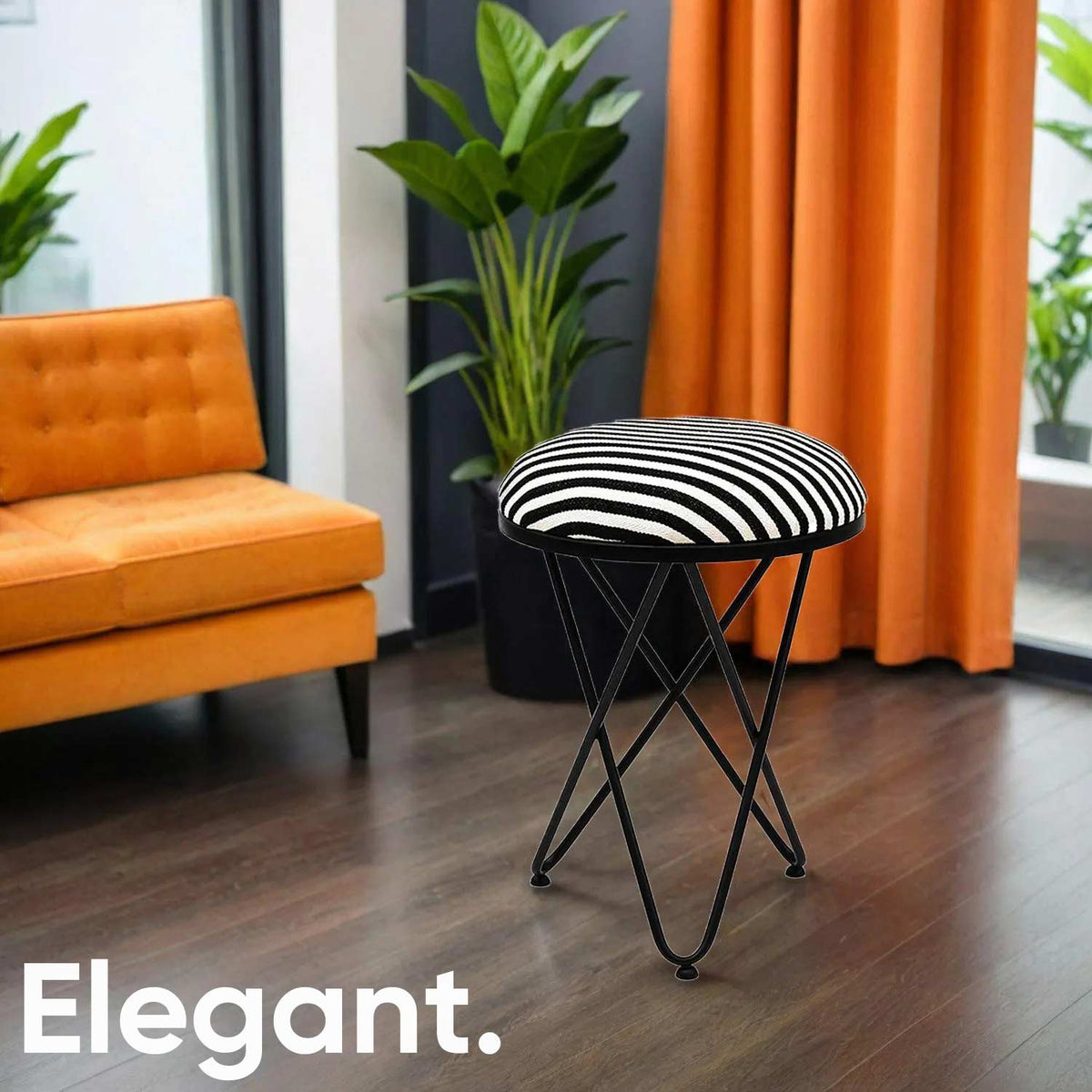 Ultra-modern Cross Leg Matt Black Metal Stool in Black &amp; White Stripe Set of 2