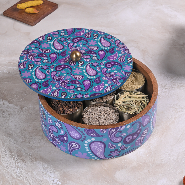 Greetwood Purple Printed Wooden Masala Box for Kitchen