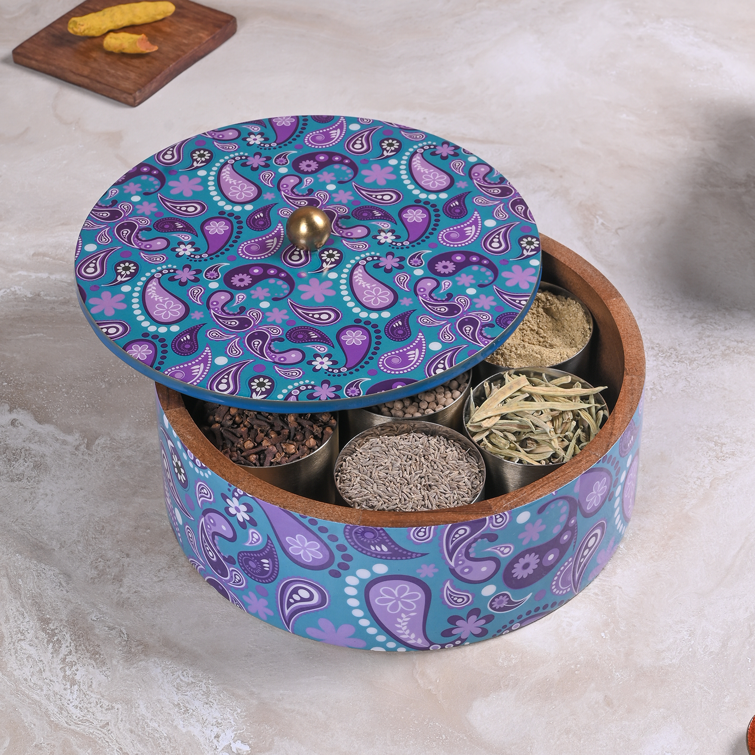Greetwood Purple Printed Wooden Masala Box for Kitchen