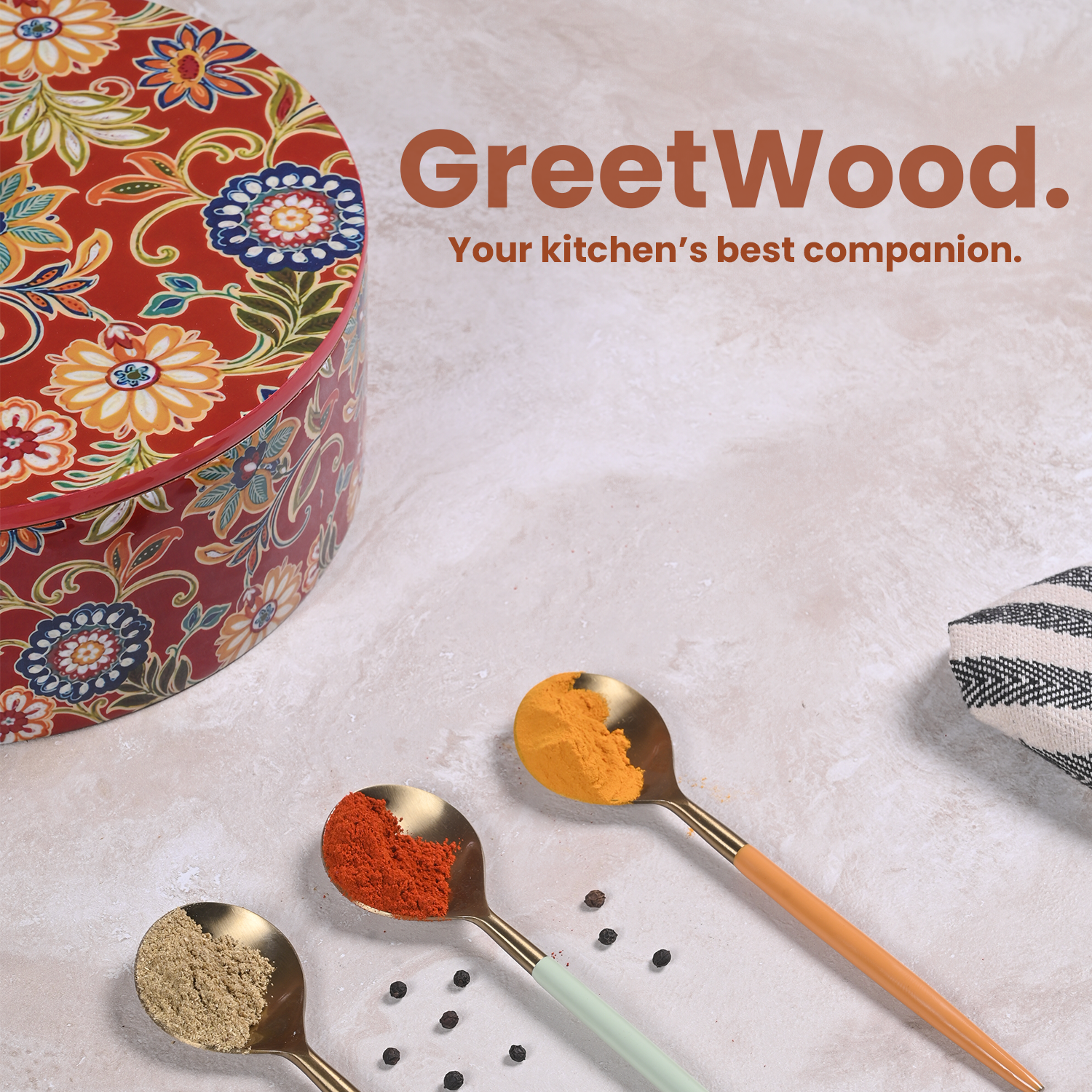 Greetwood Red Printed Wooden Masala Box for Kitchen