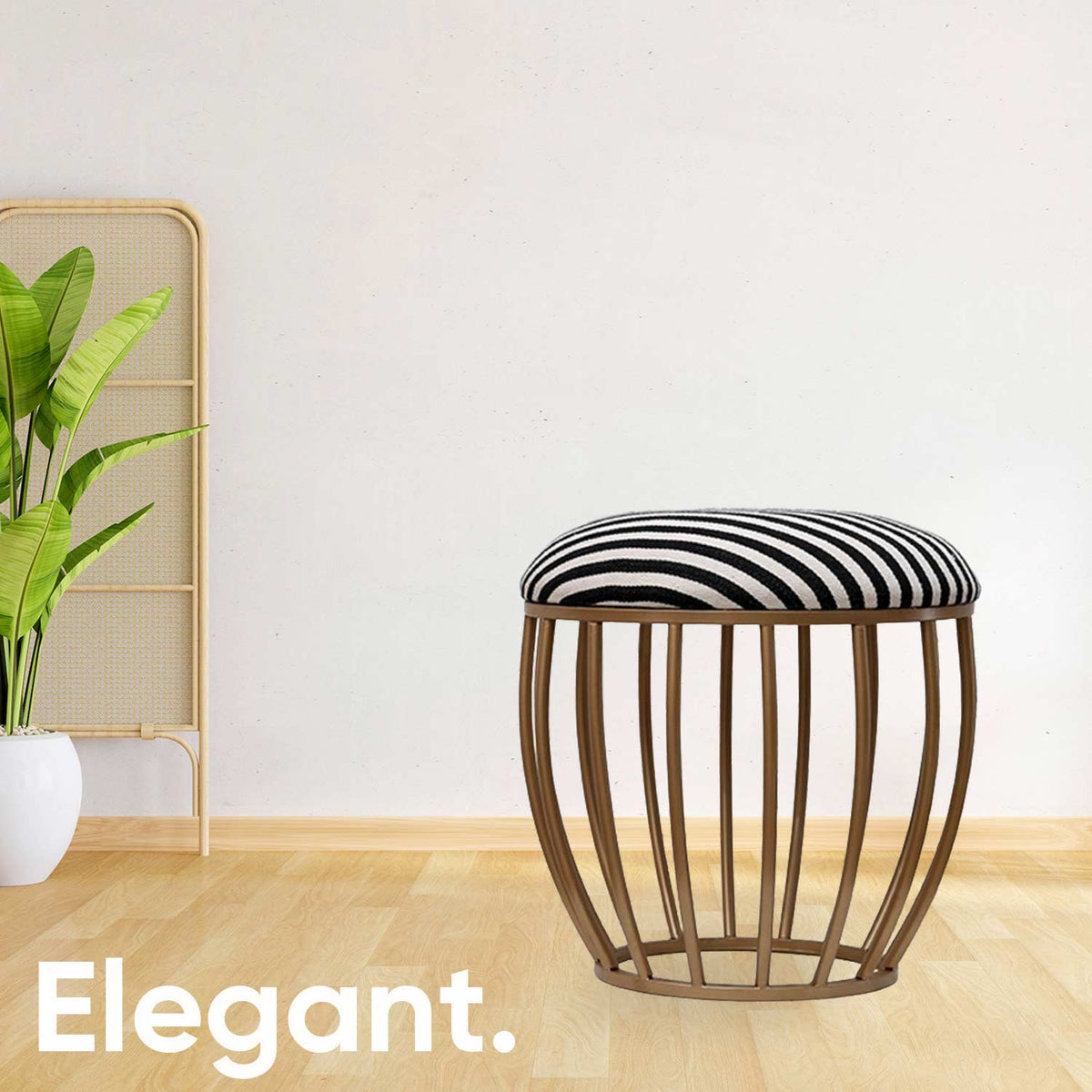 Classic Cage-Style Golden Metal Stool in Black &amp; White Stripe