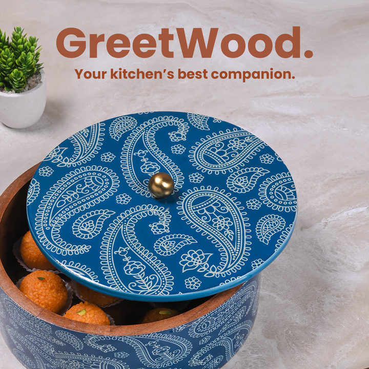 Greetwood Blue Printed Wooden Chapati Box for Kitchen