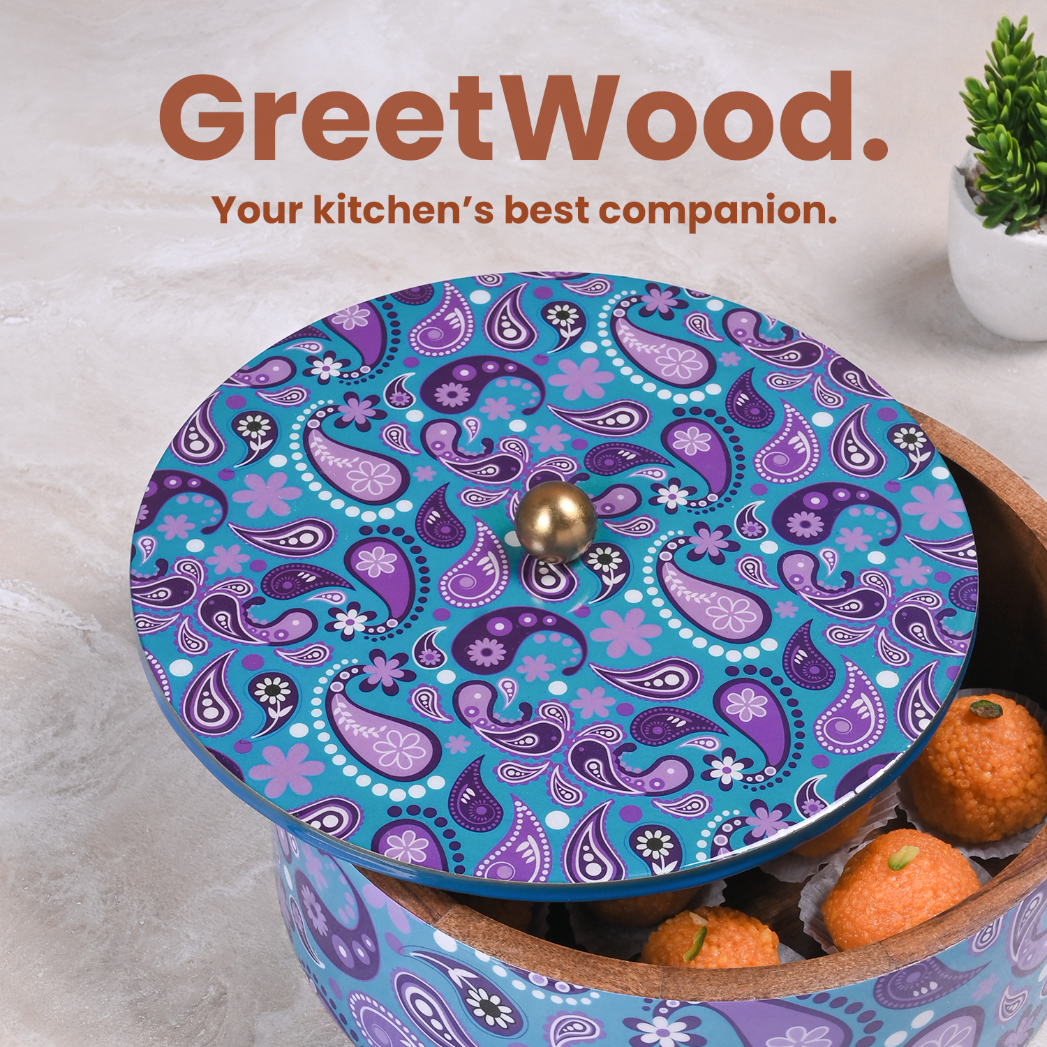 Greetwood Purple Printed Wooden Chapati Box for Kitchen