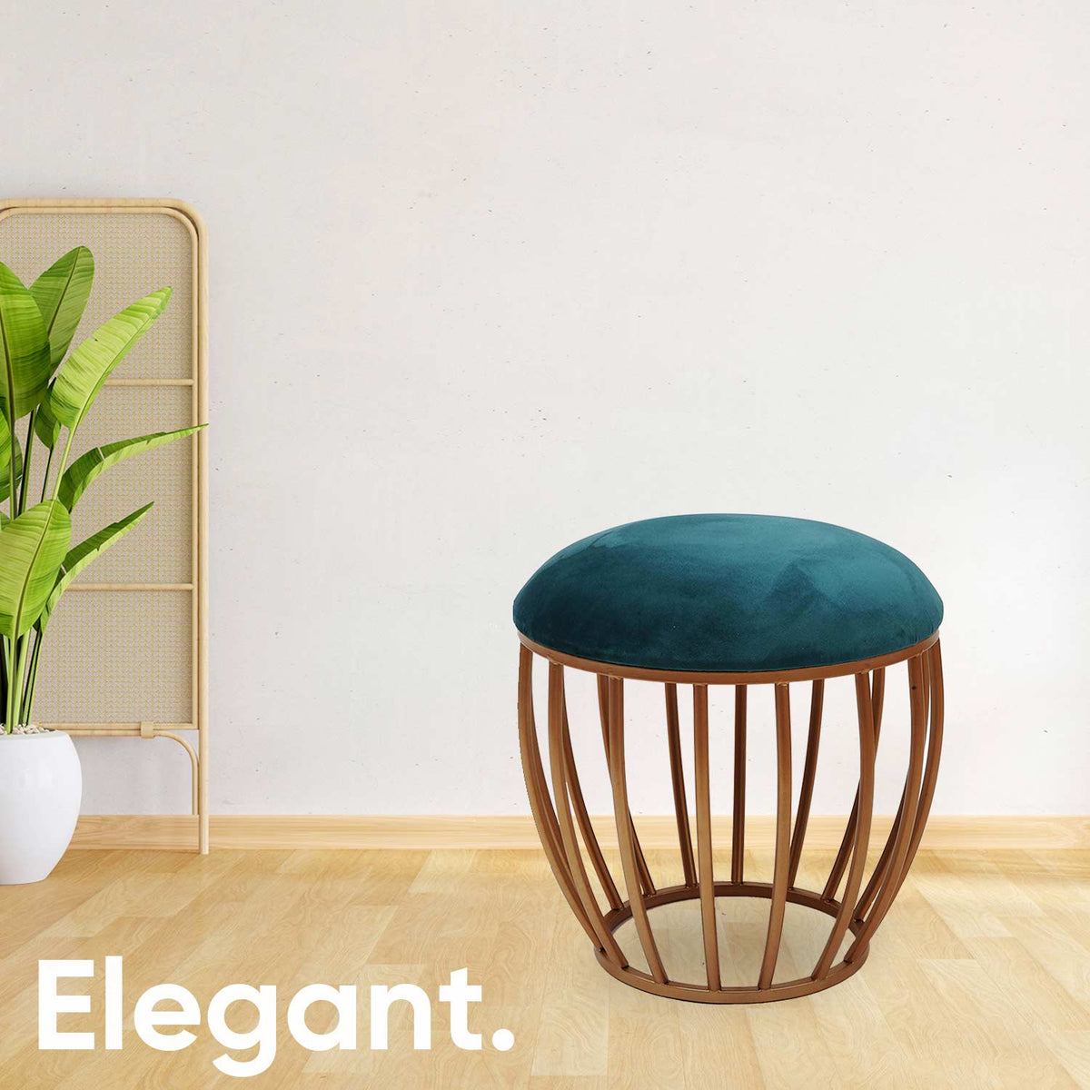 Classic Cage-Style Golden Metal Stool in Teal Blue Cushion Set of 2
