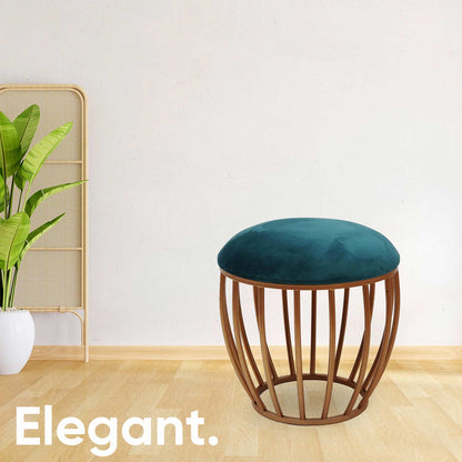 Classic Cage-Style Golden Metal Stool in Teal Blue Cushion Set of 2
