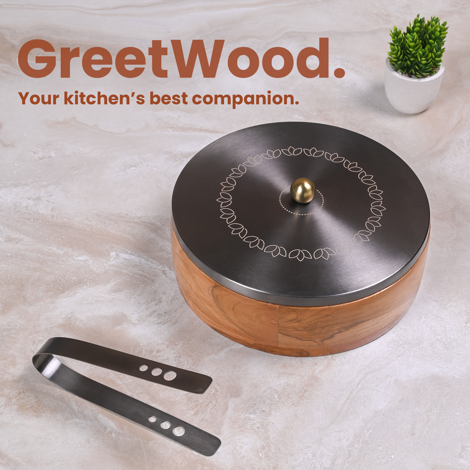 Greetwood GunMetal Lotus Wooden Chapati Box for Kitchen
