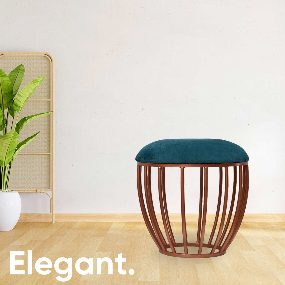 Classic Cage-Style Rose Gold Metal Stool in Teal Blue Cushion Set of 2