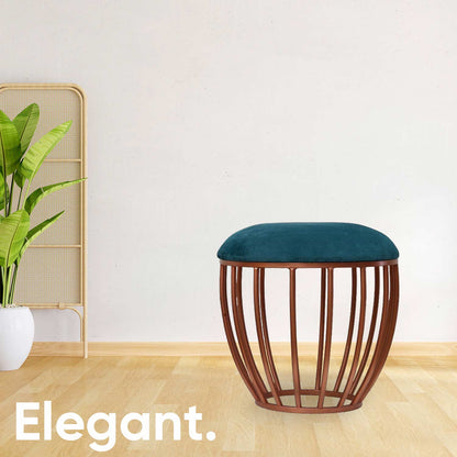 Classic Cage-Style Rose Gold Metal Stool in Teal Blue Cushion Set of 2