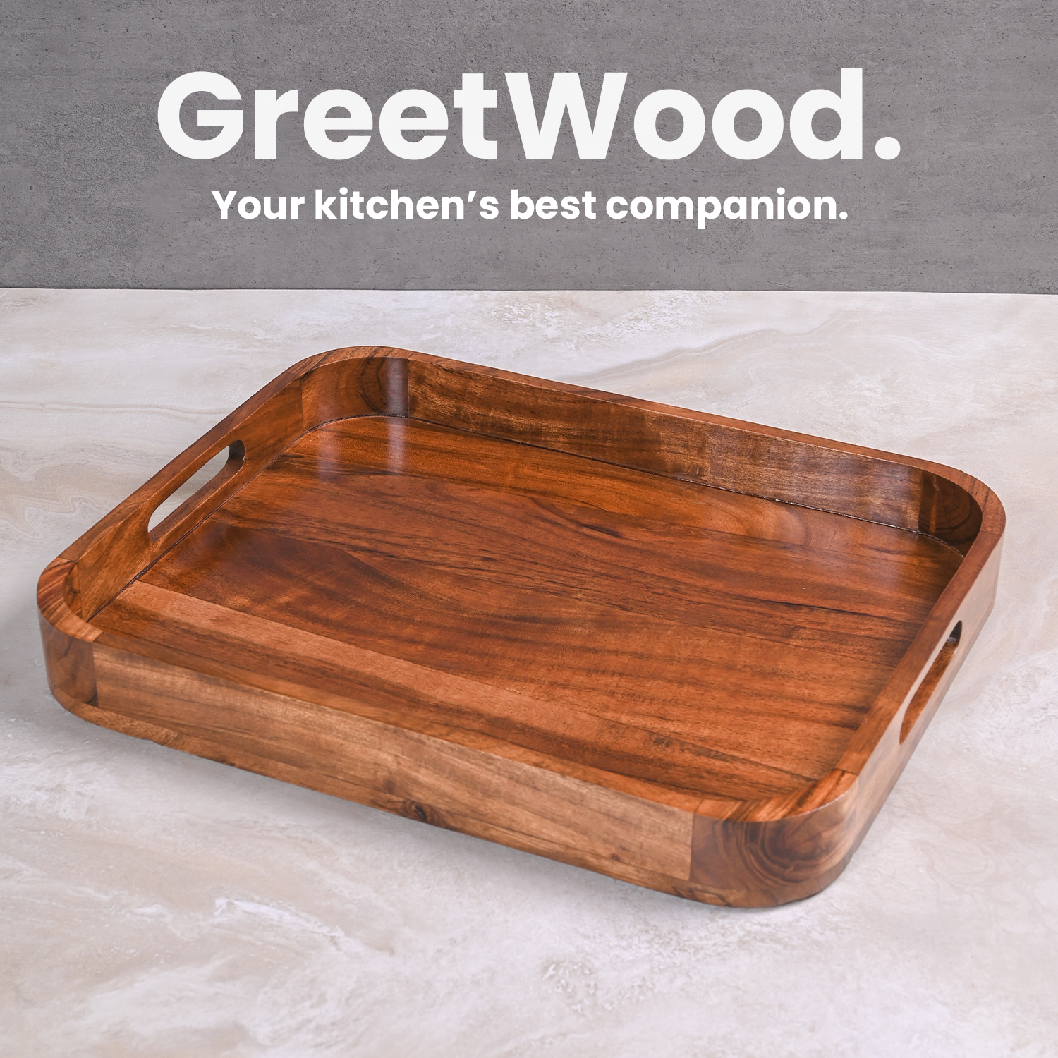 Greetwood Wooden Serving Tray With Inbuilt Handle