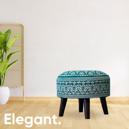 Contemporary Mandala Wooden Tuffet in Teal Blue Color Set of 2