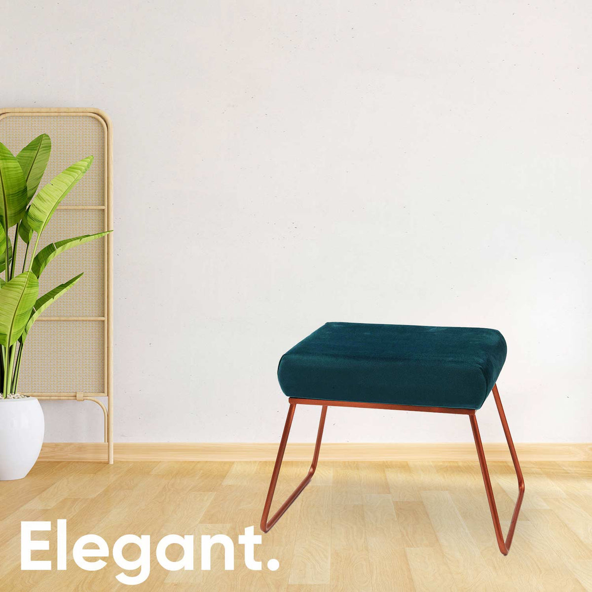 Classy and Compact Rose Gold Metal Stool in Teal Blue Cushion Set of 2