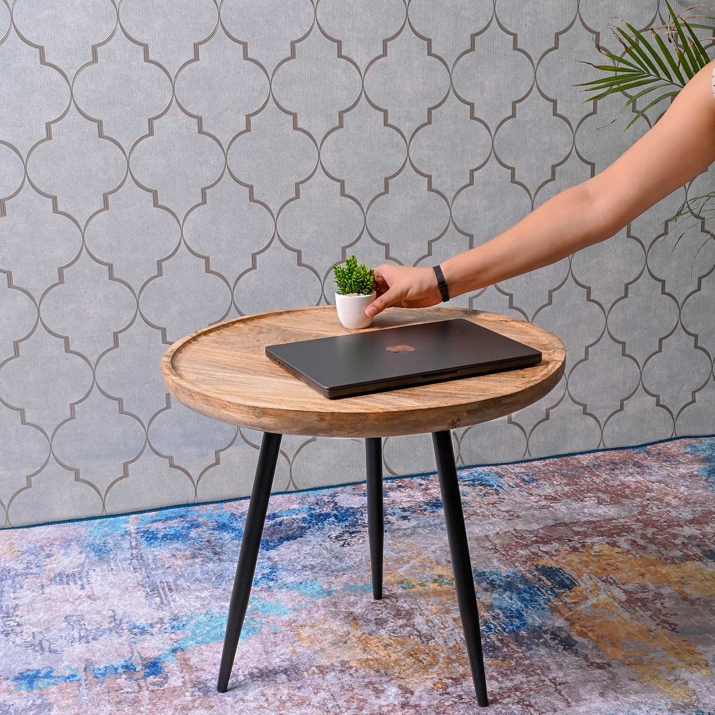 Natural Large Mango Wood & Metal Side Table
