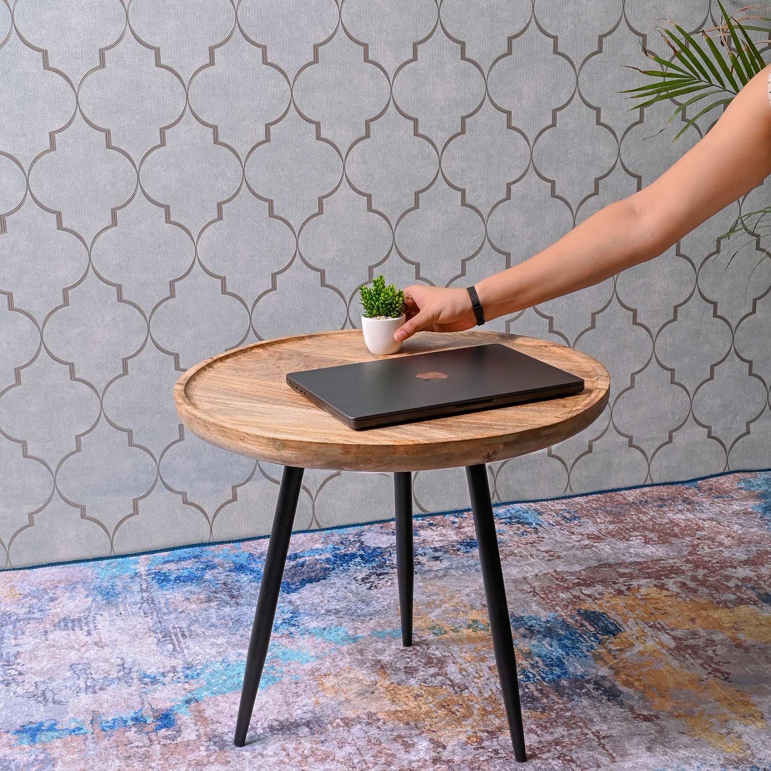 Natural Large Mango Wood & Metal Side Table