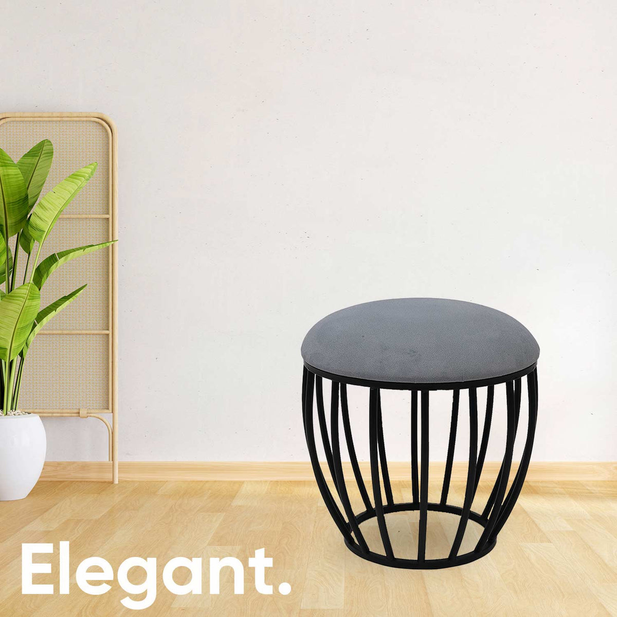 Classic Cage-Style Rose Matt Black Stool in Grey Cushion Set of 2