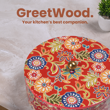 Greetwood Red Printed Wooden Chapati Box for Kitchen