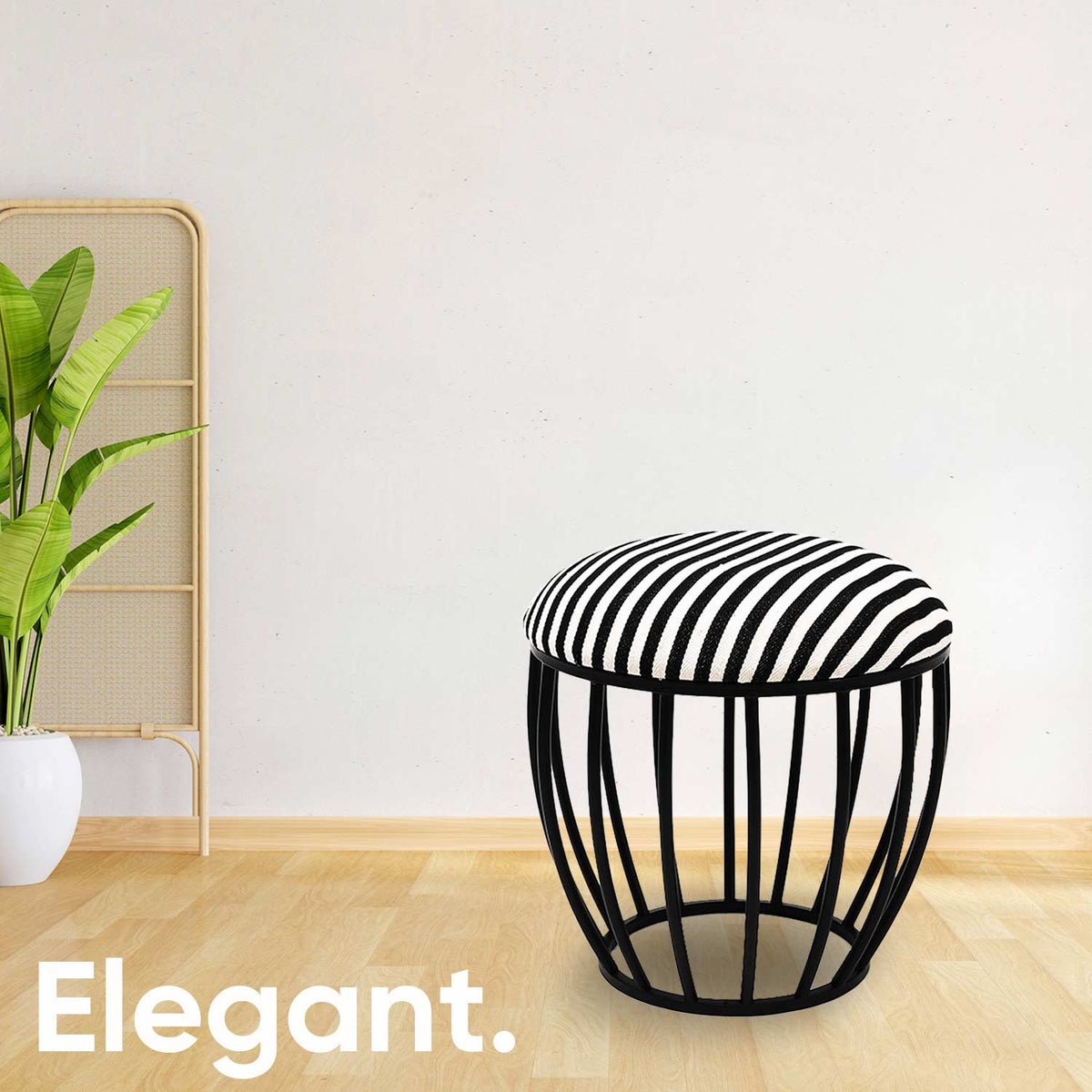 Classic Cage-Style Matt Black Metal Stool in Black &amp; White Stripe Set of 2