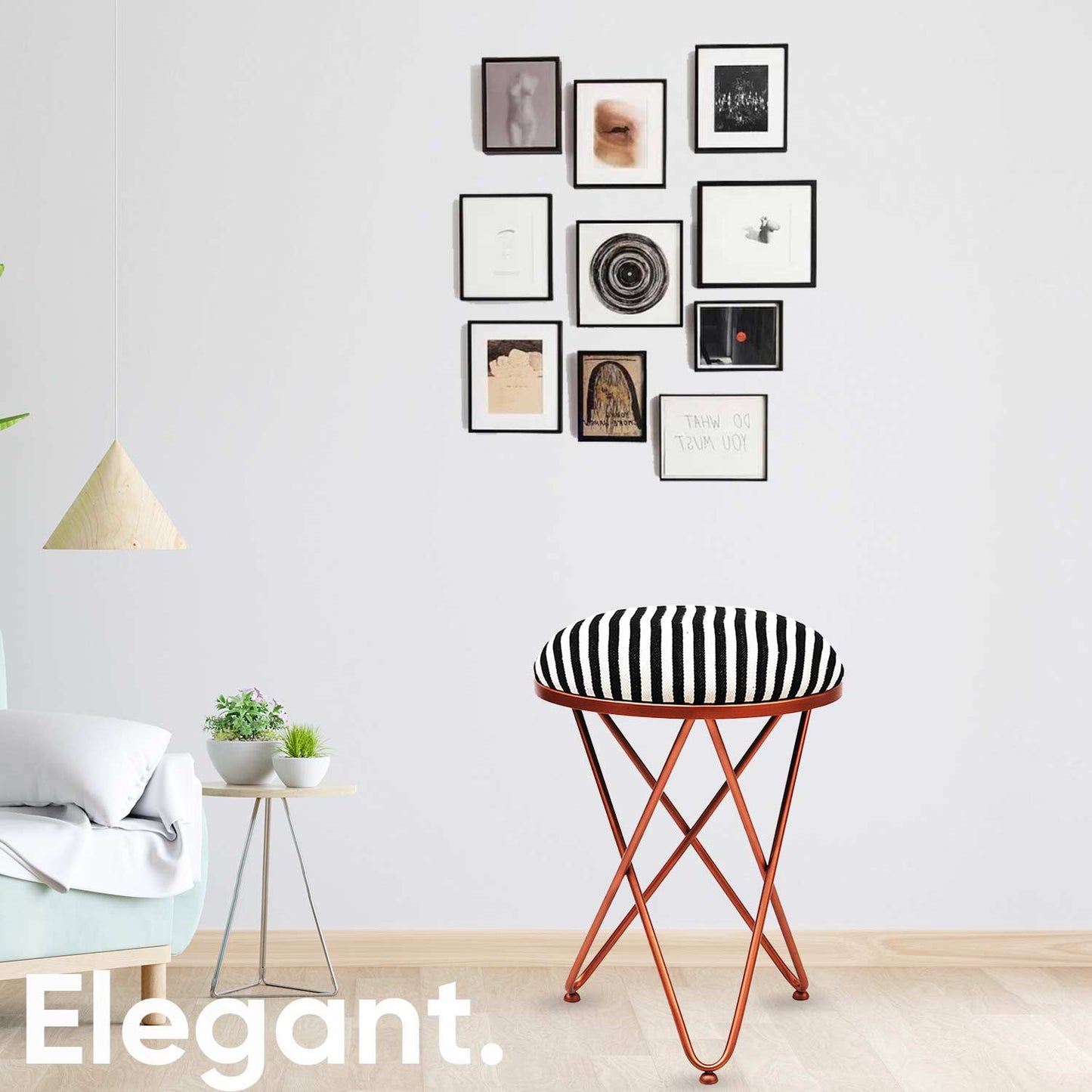 Ultra-modern Cross Leg Rose Gold Metal Stool in Black &amp; White Stripe