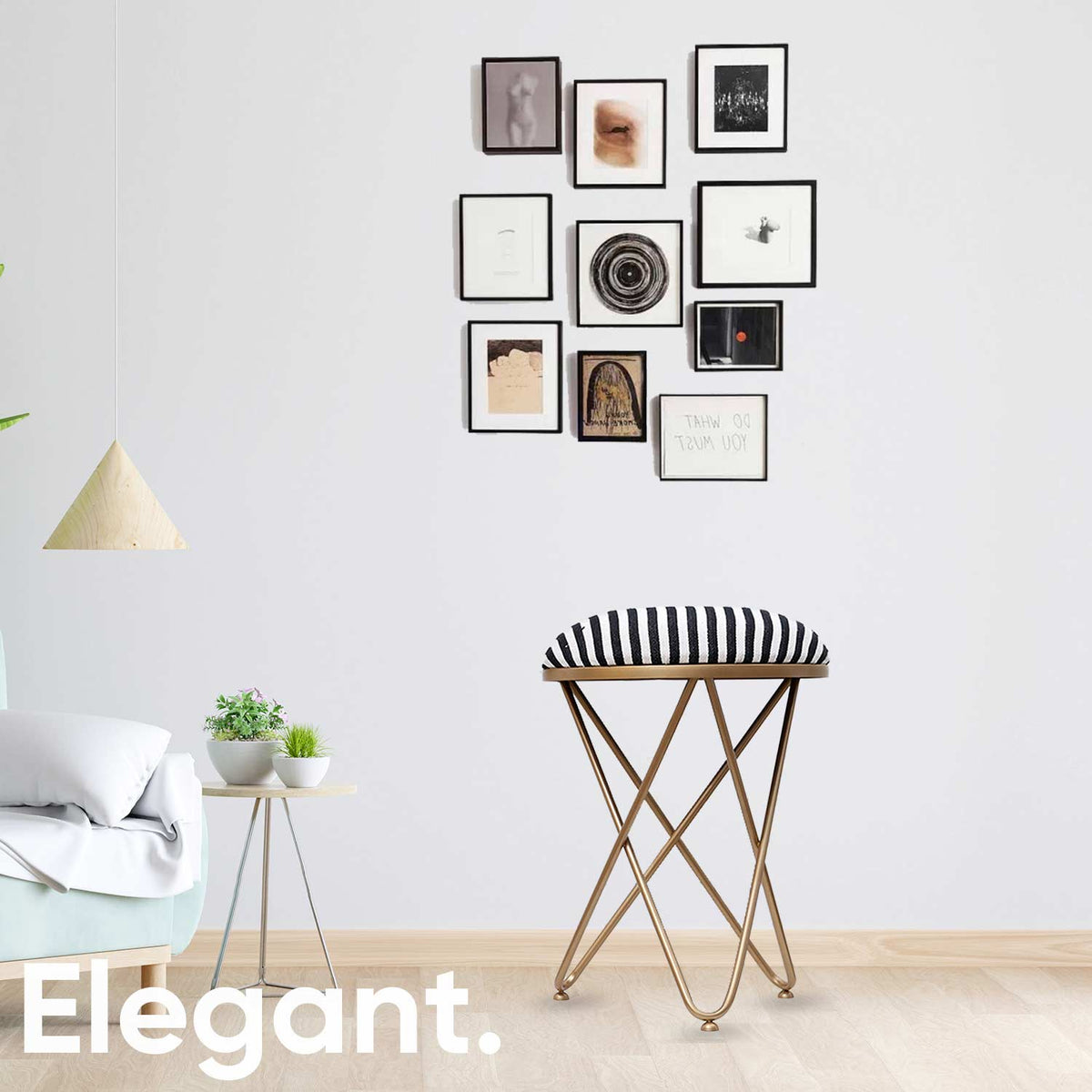 Ultra-modern Cross Leg Golden Metal Stool in Black &amp; White Stripe