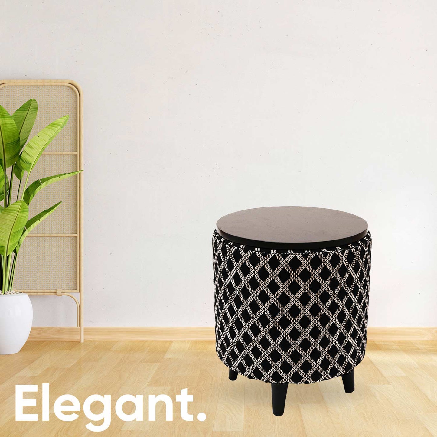 Multifunctional Tetrad Jacquard Wooden Footstool in Black Color