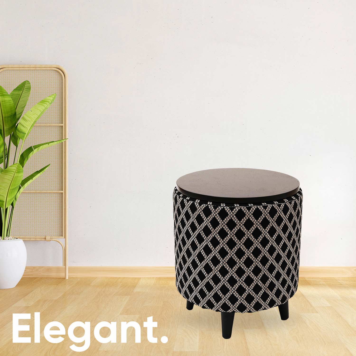 Multifunctional Tetrad Jacquard Wooden Footstool in Black Color