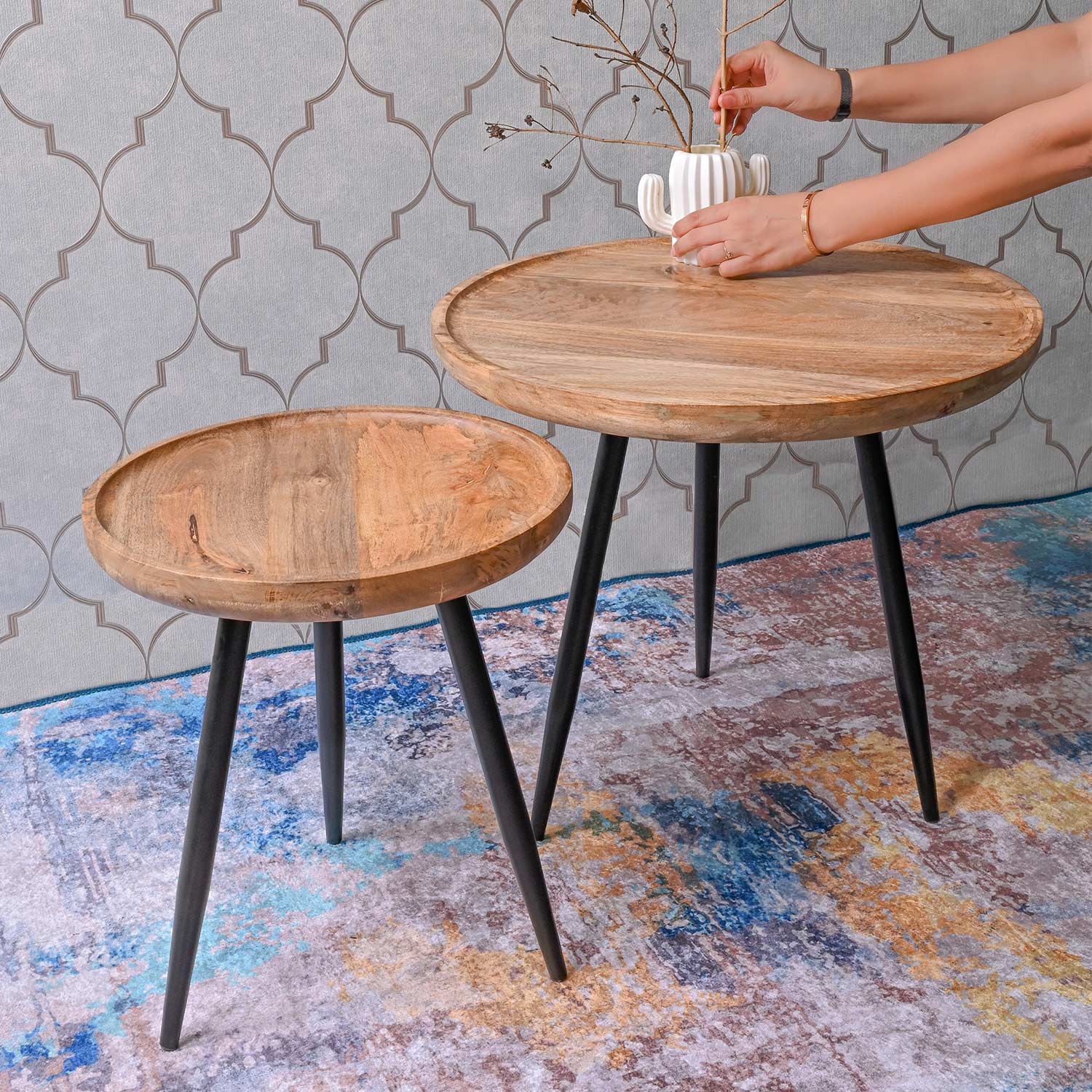 Natural Pair Mango Wood & Metal Side Table