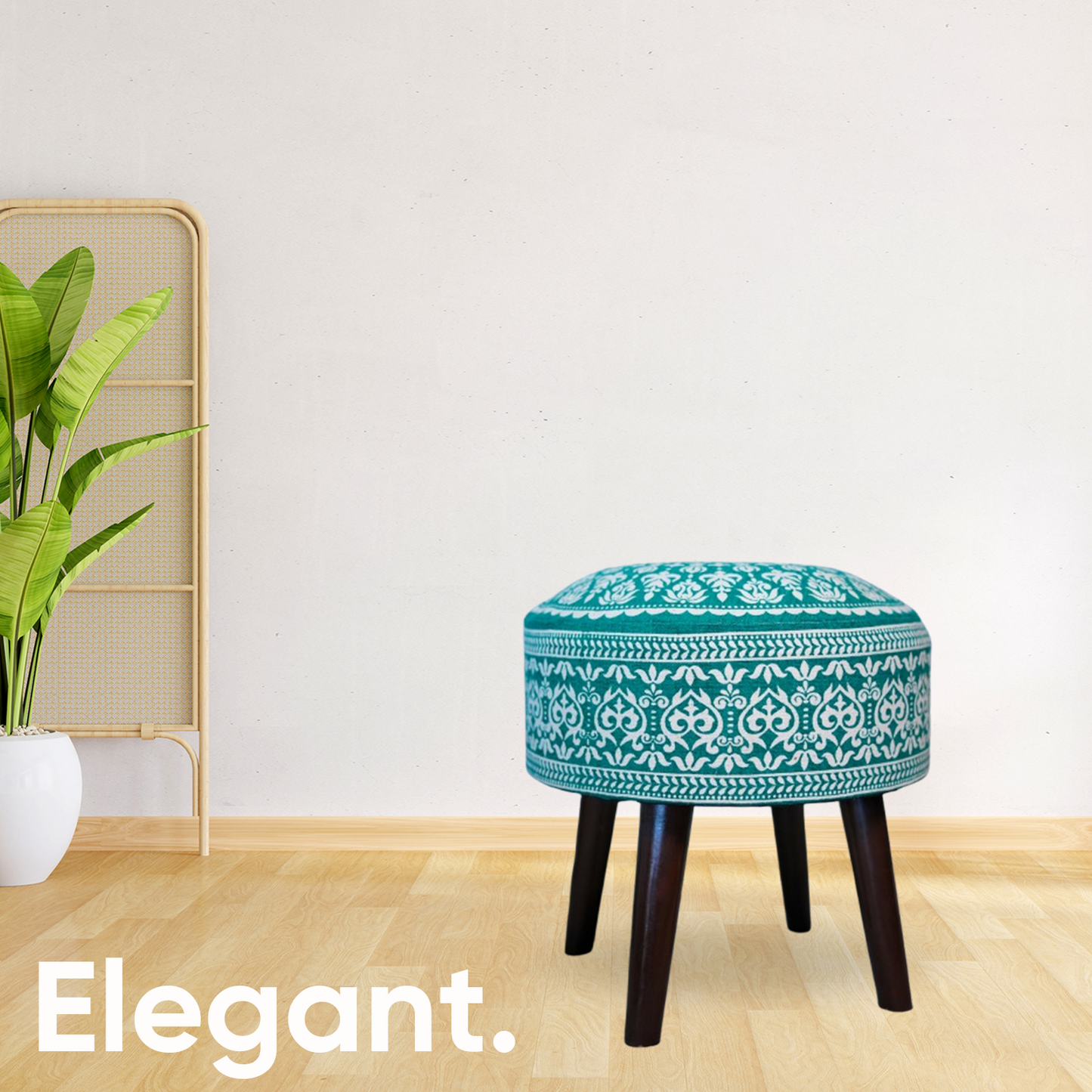 Mandala Wooden Ottoman in Teal Blue Color Set of 2