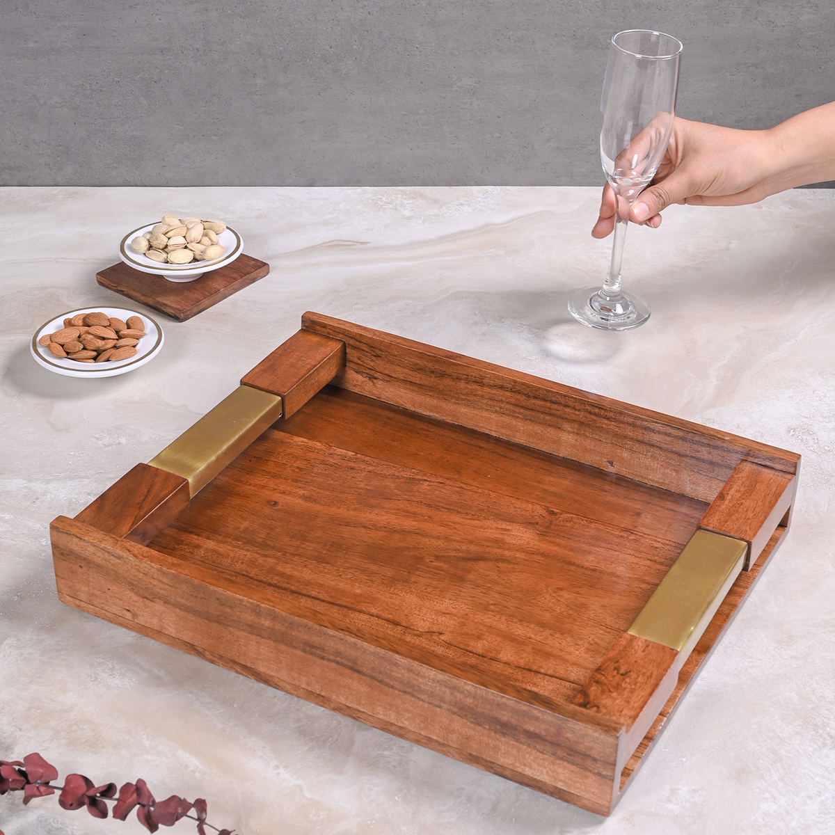 Greetwood Wooden Serving Tray With Brass Inlay Handles