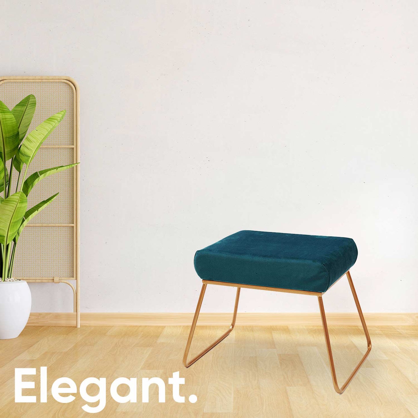 Classy and Compact Golden Metal Stool in Teal Blue Cushion Set of 2