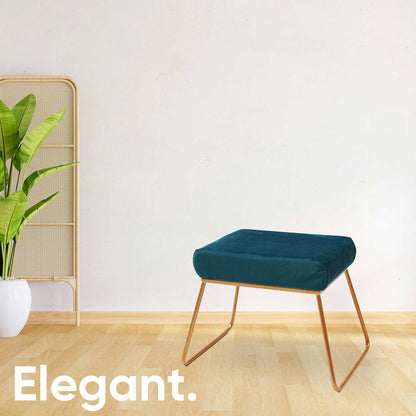 Classy and Compact Golden Metal Stool in Teal Blue Cushion Set of 2