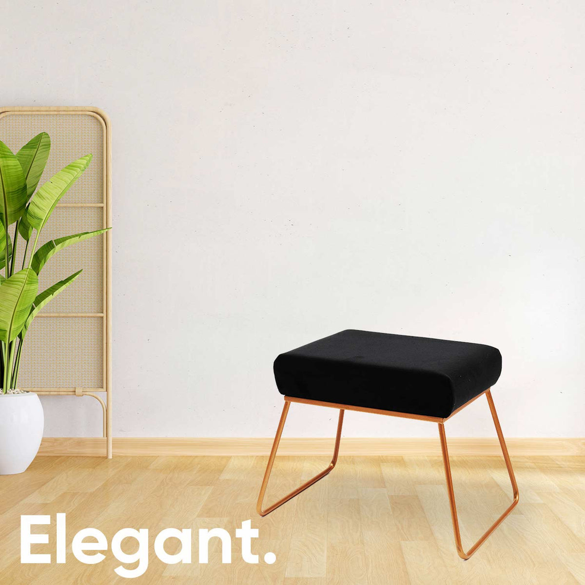 Classy and Compact Rose Gold Metal Stool in Black Cushion Set of 2