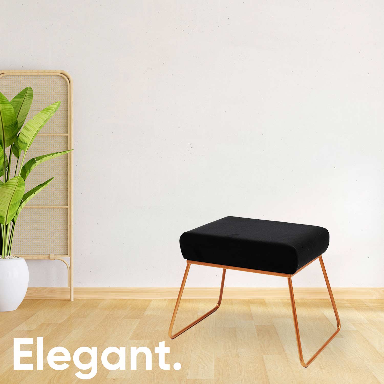 Classy and Compact Rose Gold Metal Stool in Black Cushion Set of 2