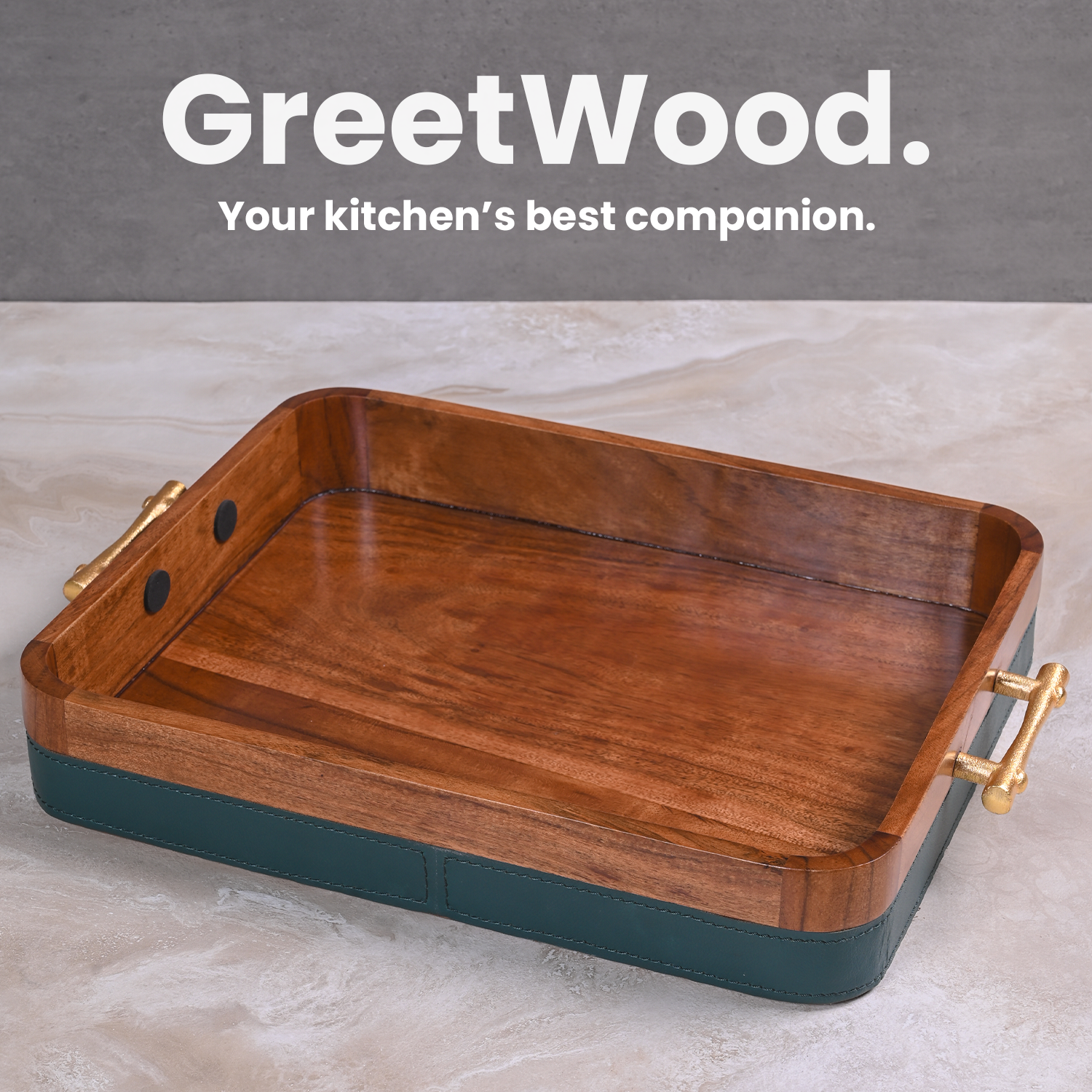 Greetwood Wooden Serving Tray With Leather Fabric
