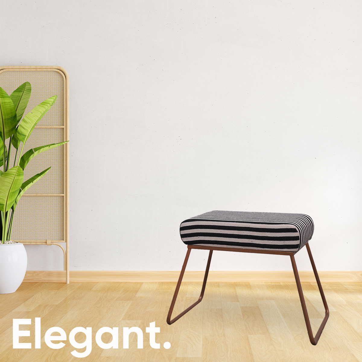 Classy and Compact Rose Gold Metal Stool in Black &amp; White Stripe Set of 2