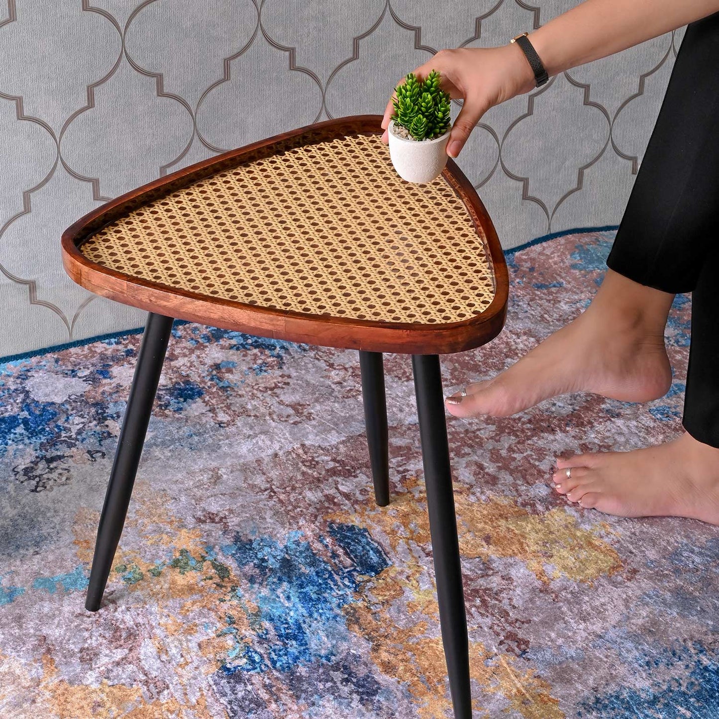 Walnut Triangular Mango Wood Resin Side Table with Metal Legs