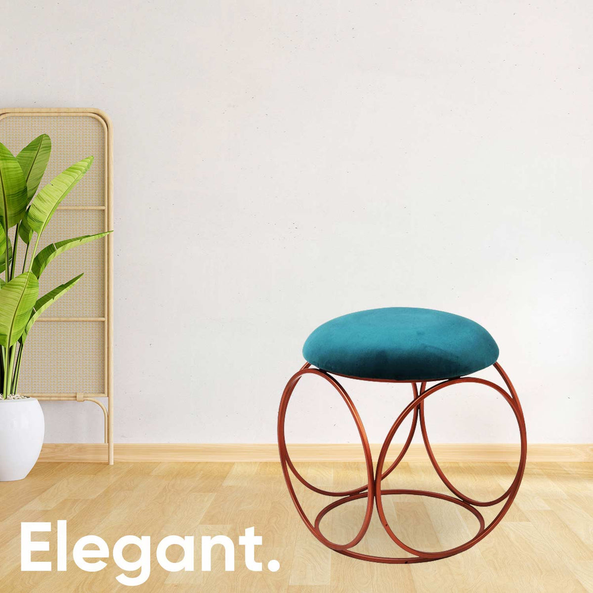 Modern Hexa-Style Rose Gold Metal Stool in Teal Blue Cushion Set of 2