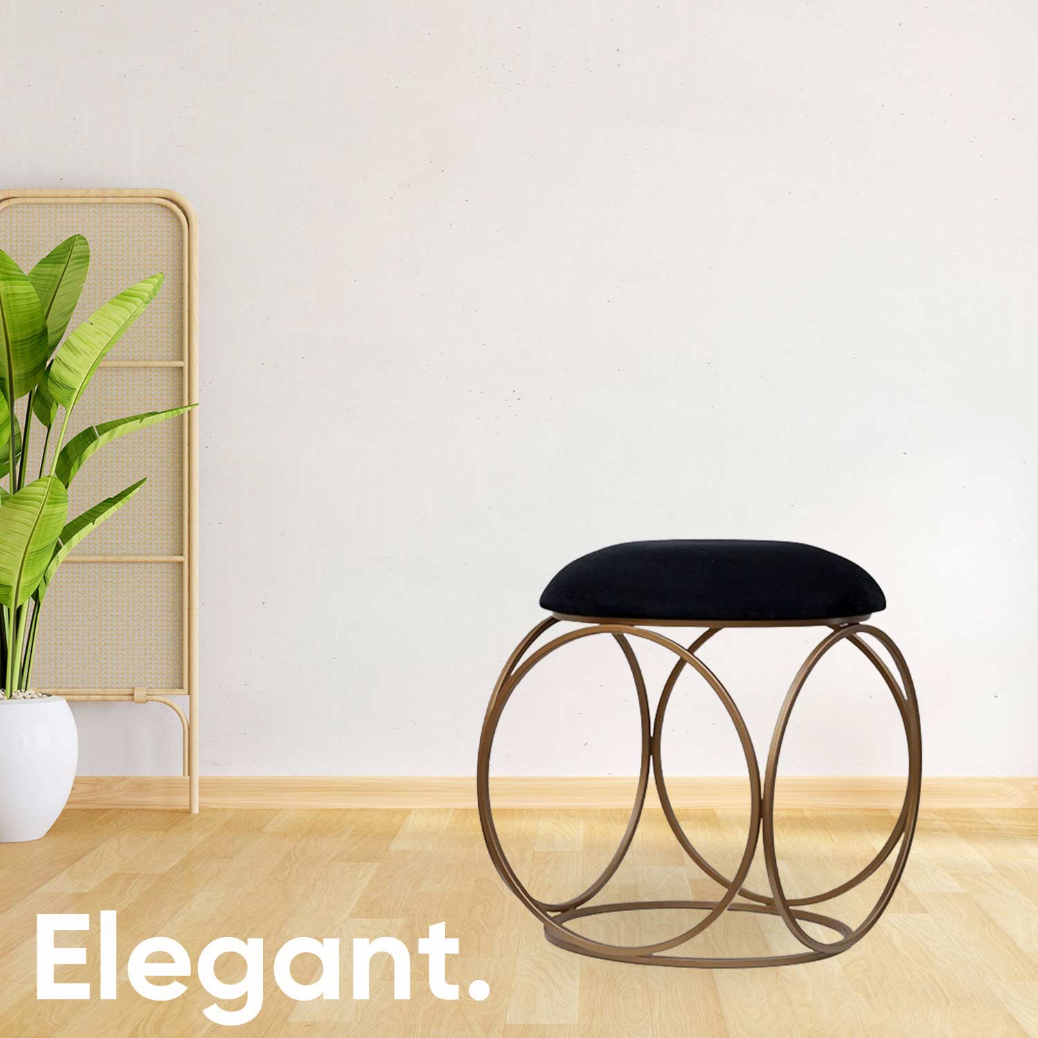 Modern Hexa-Style Golden Metal Stool in Black Cushion