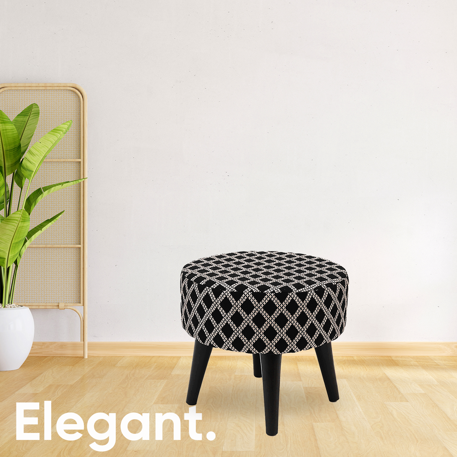 Contemporary Tetrad Jacquard Wooden Tuffet in Black Color