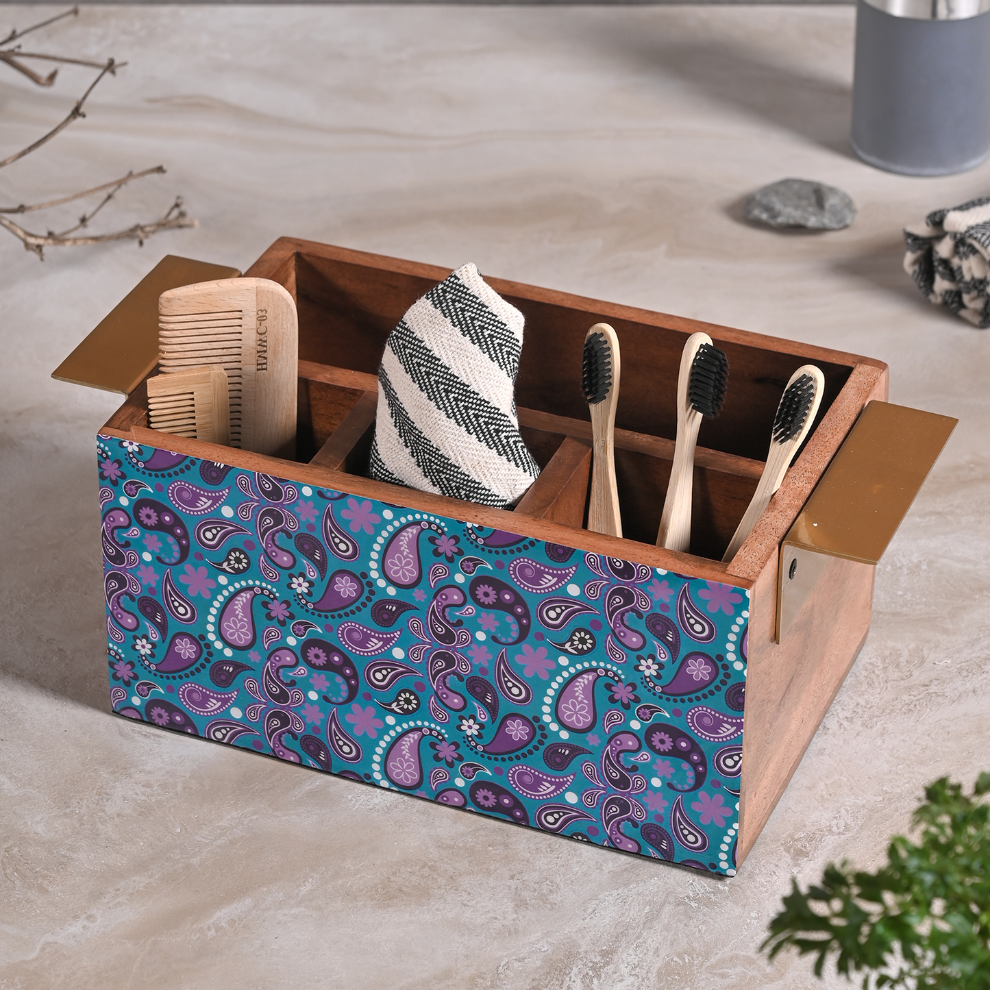 Greetwood Purple Printed Wooden Cutlery Holder for Kitchen