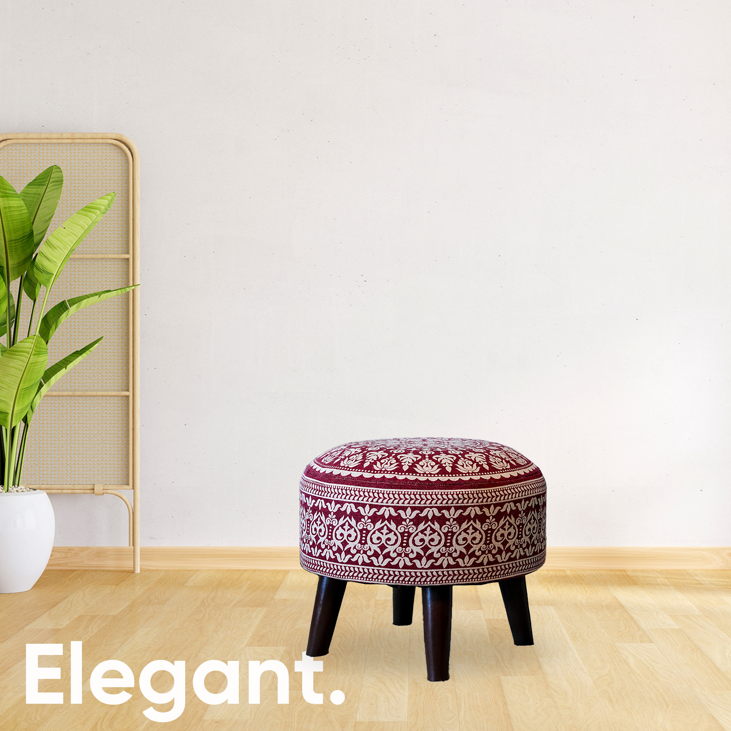 Contemporary Mandala Wooden Tuffet in Cherry Red Color